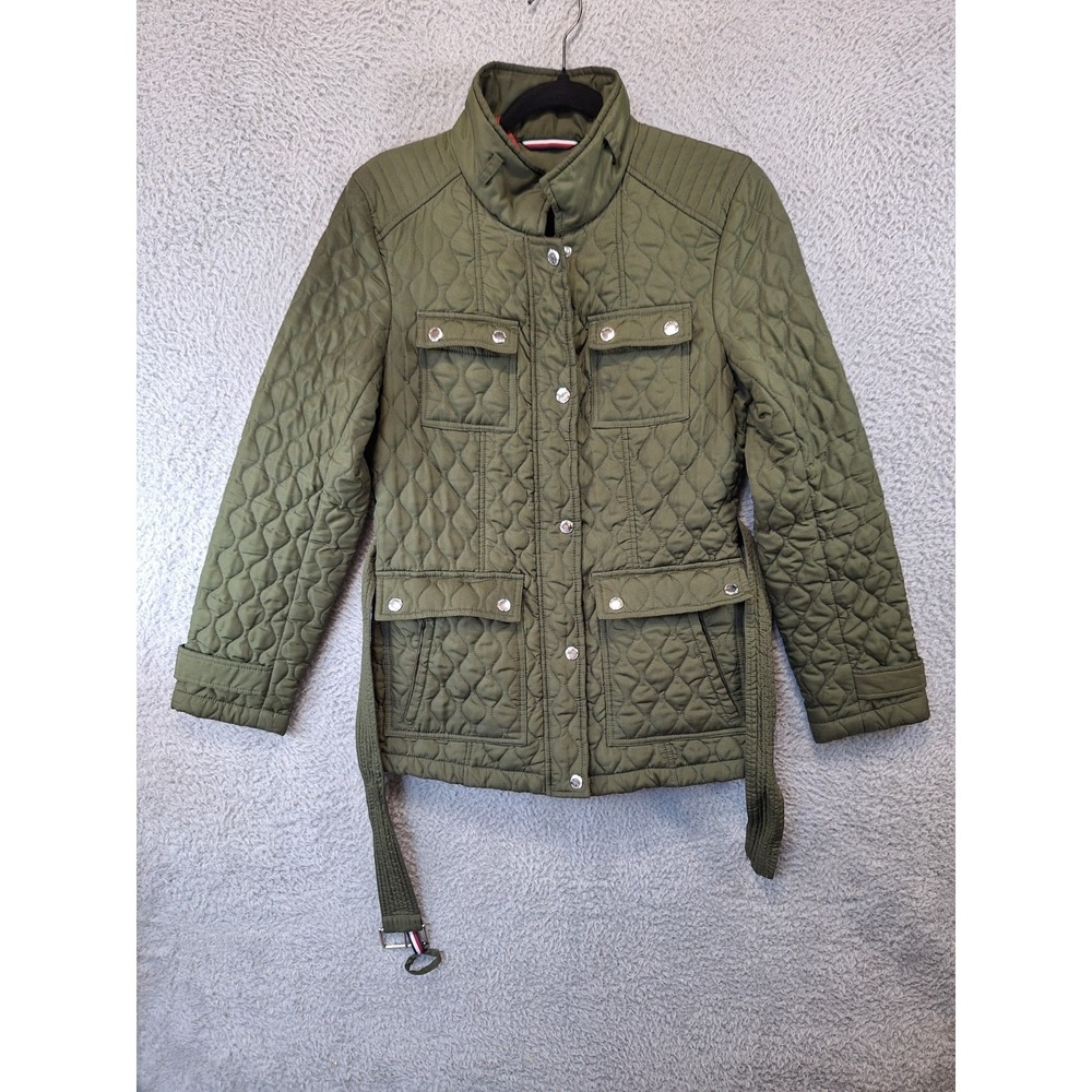 Tommy Hilfiger Quilted Jacket Womens XS Green Belted Soft Stretch Snap Full Zip